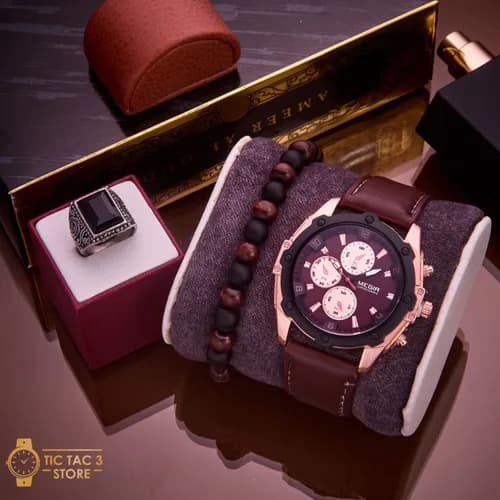 Coffret montre Megir chronographe avec bracelet en perles et bague