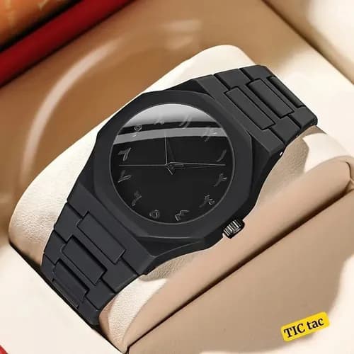 Montre bracelet noire au design octogonal (style inspiré des montres de luxe intégrées)